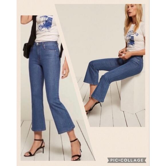 Reformation Flare Leg High Rise Cropped PJ Jeans in True Blue Wash Women Size 26 - Picture 2 of 16